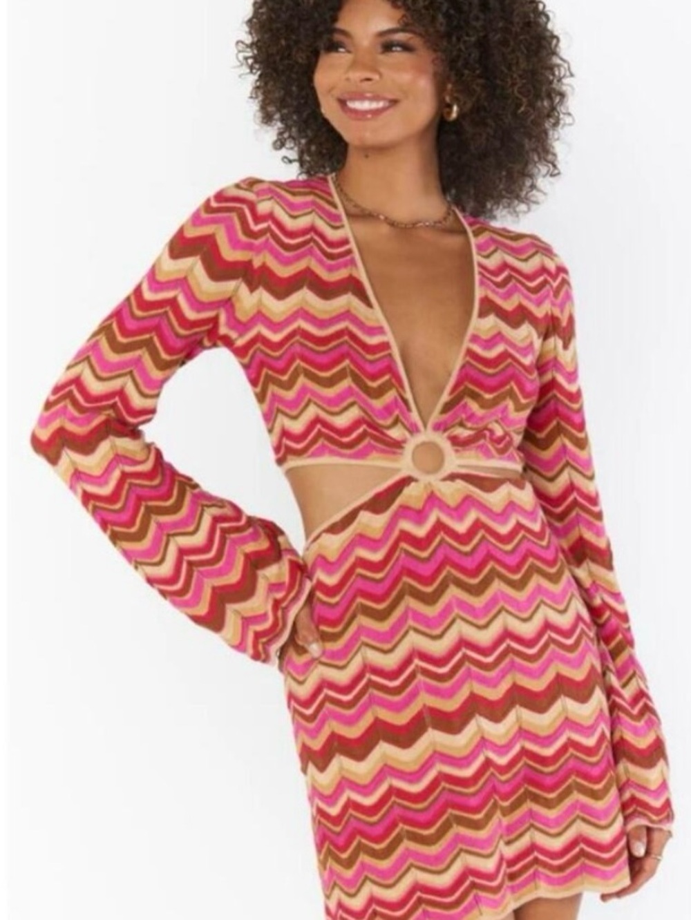 EUC Show Me Your MuMu Pink, Red & Tan Zigzag Cutout Mini Dress, Size SM